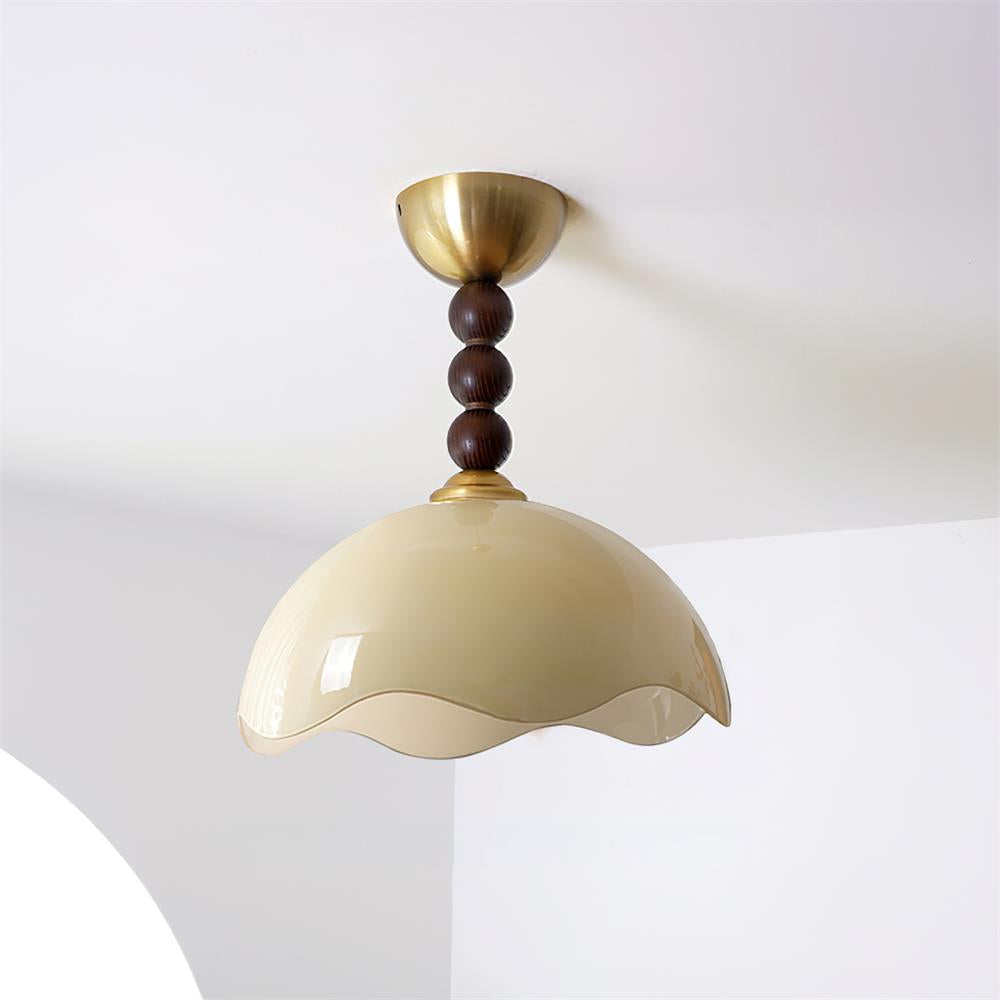 Walnut Finish Vintage Glass Ceiling Light With Amber